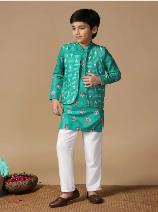 Image for SangriaTurquoiseBlueBoysFloralPrintedKurtawithTrouserandJacket