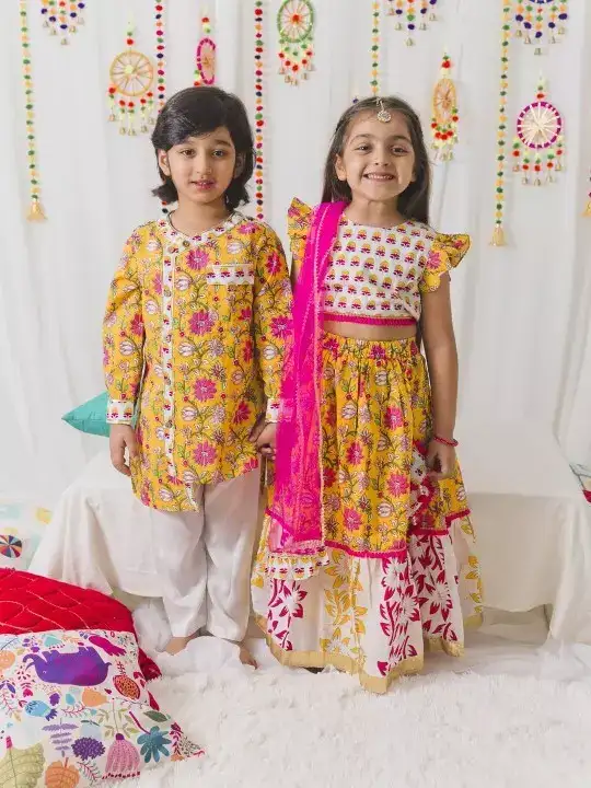 Image for Pspeaches-GirlsYellow%26WhitePrintedLehenga%26BlouseWithDupatta