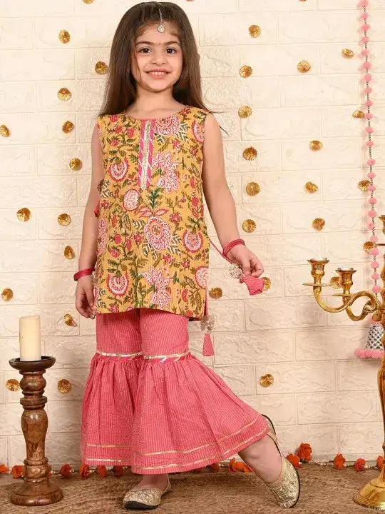 Image for Sangria-GirlsYellow%26pinkFloralPrintedKurtiWithSharara