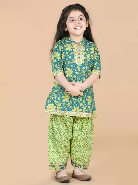 Image for ADIVA-GirlsGreenFloralPrintedGottaPattiKurtiwithDhotiPants