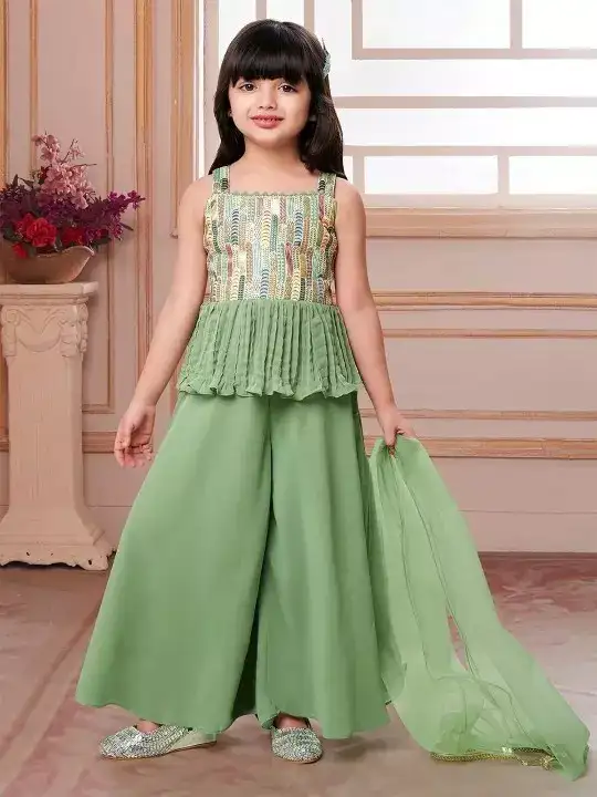 Image for TulsiCreation-GirlsEmbroideredEmpireSequinnedKurtawithPalazzos%26Dupatta