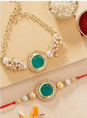 Image for KARATCARTSetof2Gold-platedPolkiKundanBhaiBhabhiRakhiSet