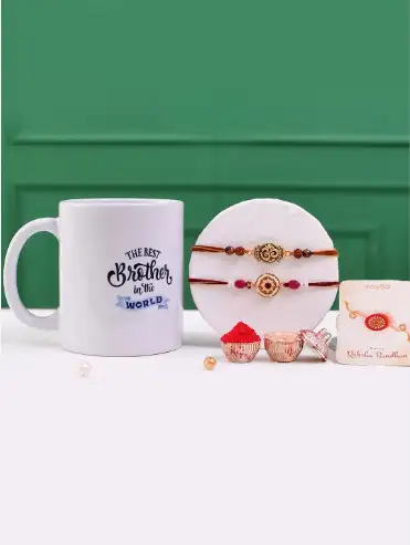 Image for VoyllaSetOf3Traditional%26DivineMotifsRakhiGiftSetWithBestBrotherMug