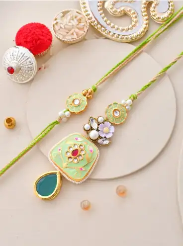 Image for HouseofPataudiEnameled%26KundanCraftedBhaiyaBhabhiRakhiGiftSet