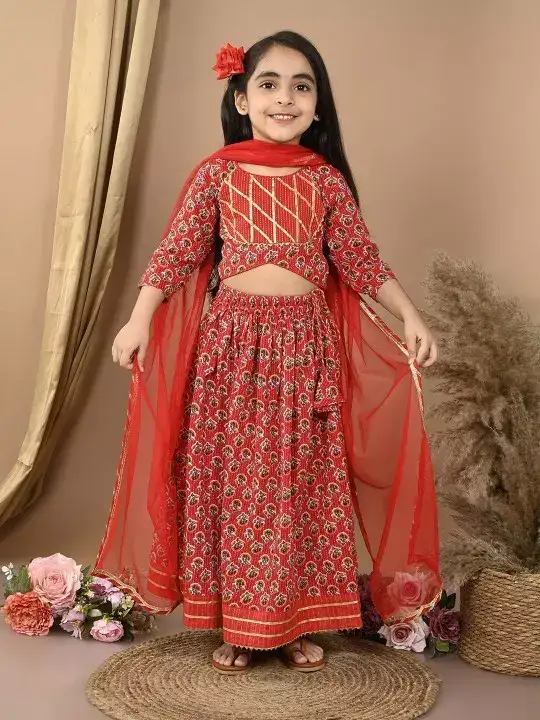 Image for Sangria-RedGirlsFloralPrintedKathaWorkCottonLehengaCholi