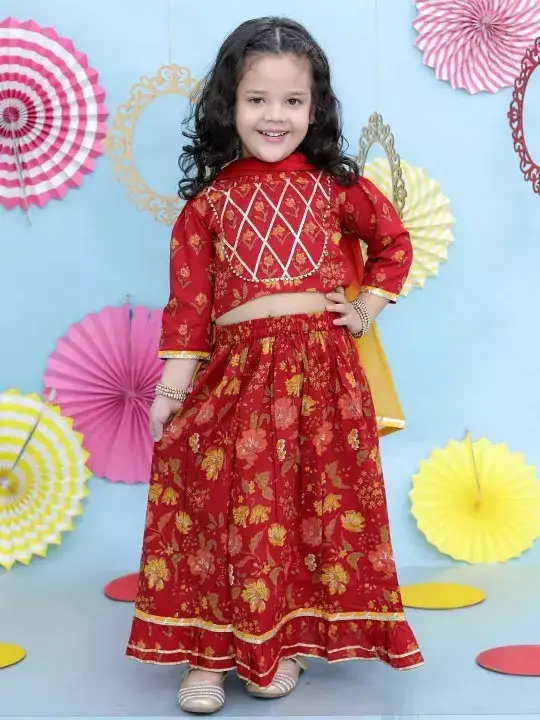 Image for KID1-GirlsFloralPrintedGotaPattiDetailLehenga%26BlouseWithDupatta