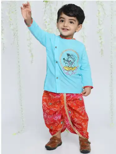 Image for KID1BoysKrishnaEmbroideredPureCottonKurtawithDhotiPants