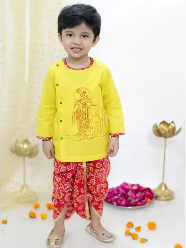 Image for KID1BoysKrishnaPrintedPureCottonAngrakhaKurtawithDhotiPants