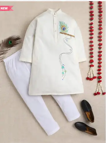 Image for LittleClothingsBoysKrishnaFlutePrintedCottonSilkKurtaSet