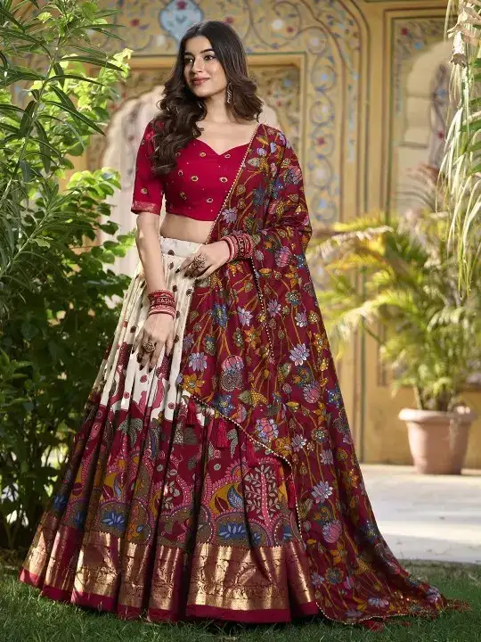Image for LOOKNBOOKART-PrintedKalamkariReadytoWearLehenga%26UnstitchedBlouseWithDupatta