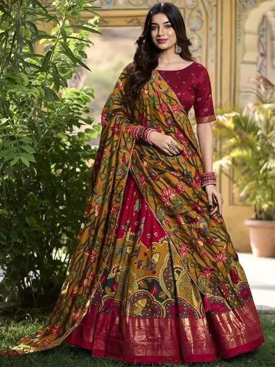Image for LOOKNBOOKART-PrintedKalamkariReadytoWearLehenga%26UnstitchedBlouseWithDupatta
