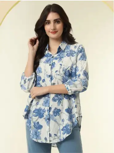 Image for KALINIOversizedFloralPrintedSpreadCollarPuffSleevesShirt