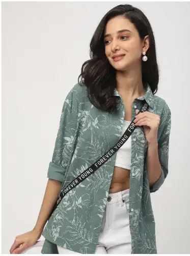 Image for VASTRADOOversizedClassicSeersuckerLeafyPrintedCottonCasualShirt