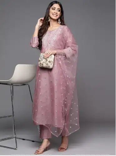 Image for VarangaFloralZariEmbroideredChanderiSilkKurtawithTrouser%26SequinedDupatta