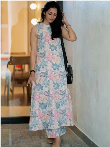Image for GoSriKiFloralPrintedRoundNeckAnarkaliKurtawithPalazzos
