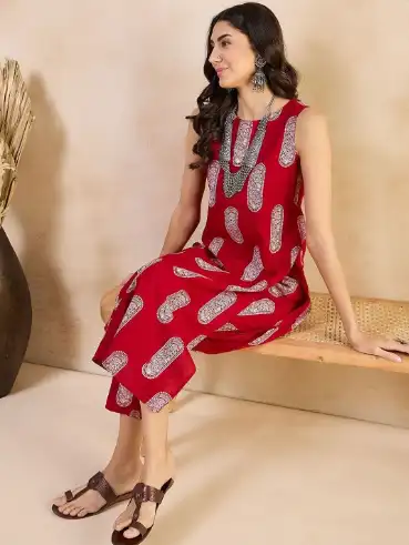 Image for AnoukEthnicMotifsBoatNeckPureCottonStraightKurtawithTrousers