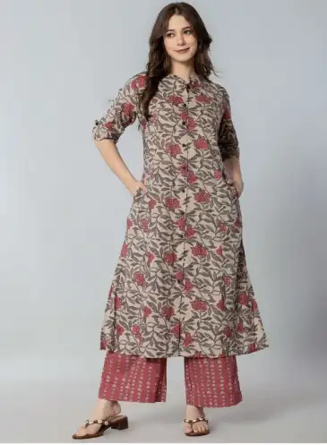 Image for AmayraWomenFloralPrintedRegularPureCottonKurtawithPalazzos