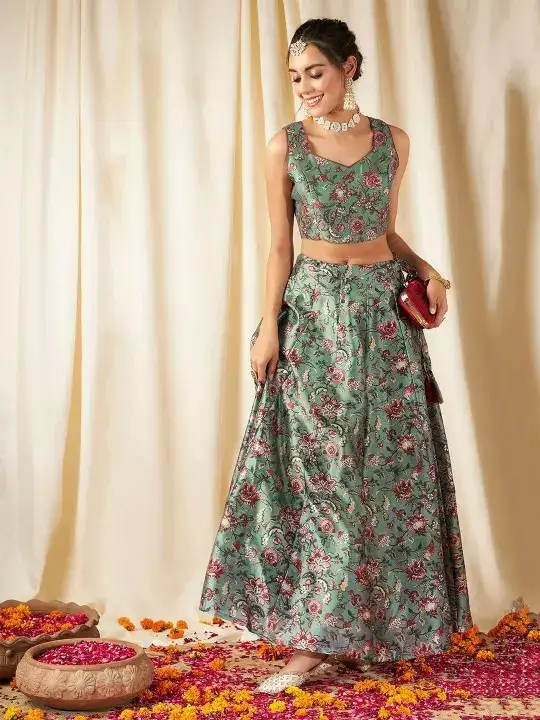 Image for ShaebySASSAFRAS-FloralPrintedReadytoWearLehenga%26CropTop