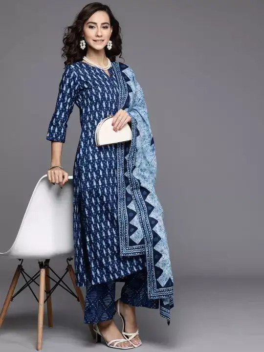 Image for Libas-Women'sBluePrintedPureCottonKurtawithPalazzos%26Dupatta