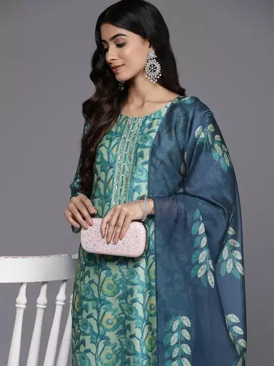 Image for Varanga-SeaGreenFloralPrintedHandworkKurtawithTrousers%26Dupatta