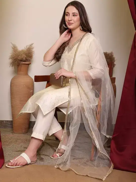 Image for HouseofPataudi-FloralWovenDesignV-NeckStraightKurtaWithTrouser%26Dupatta