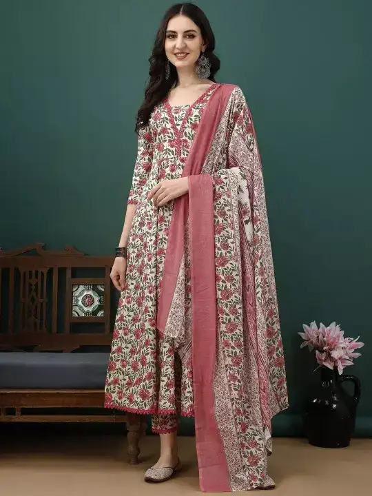 Image for KALINI-FloralPrintedPureCottonAnarkaliKurtaWithTrousers%26Dupatta