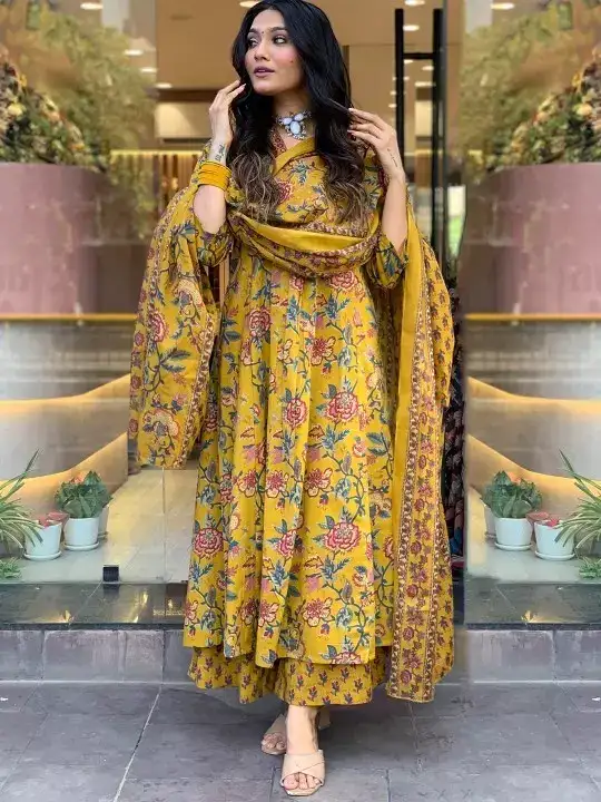 Image for GoSriKi-Women'sFloralPrintedV-NeckAnarkaliKurtawithPalazzos%26Dupatta