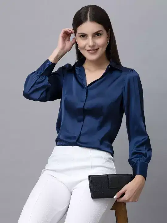 Image for PURYSWORKSPACE-WomenClassicSpreadCollarSolidFormalShirt
