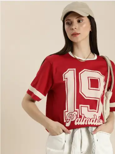 Image for DILLINGERWomenRed%26BeigeVarsityPrintedPureCottonLooseT-shirt
