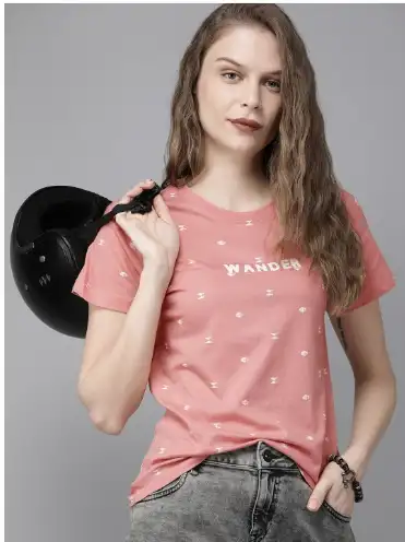 Image for RoadsterTheLifestyleCoWomenPinkWhitePrintedPureCottonT-shirt