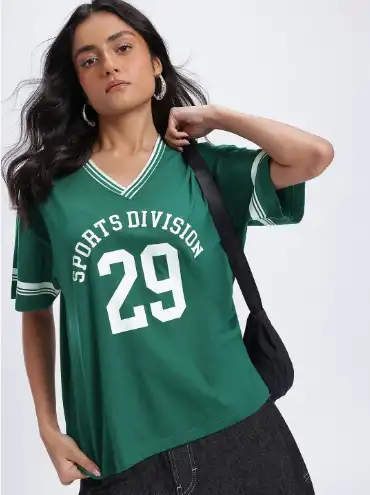 Image for GlitchezWomenVarsityPrintedV-NeckOversizedTshirt