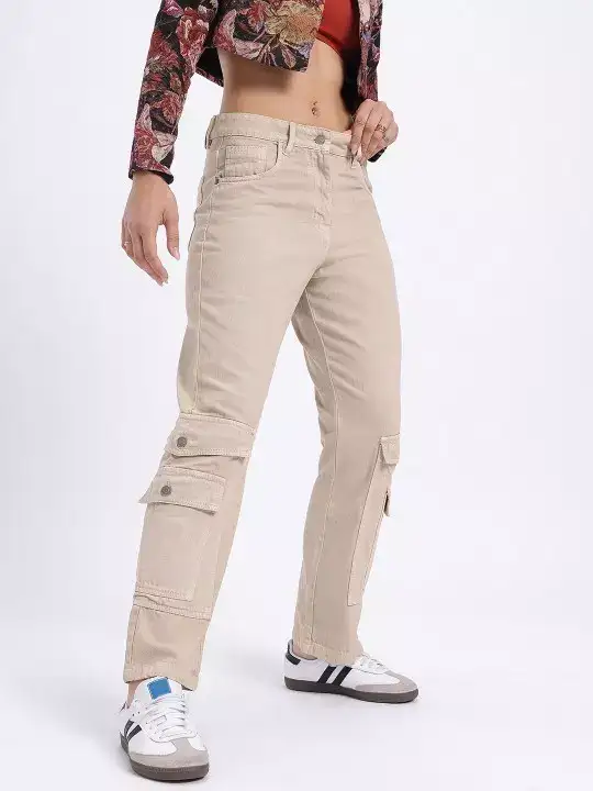 Image for Glitchez-WomenMid-RisePureCottonCargo-StyleRegularFitJeans