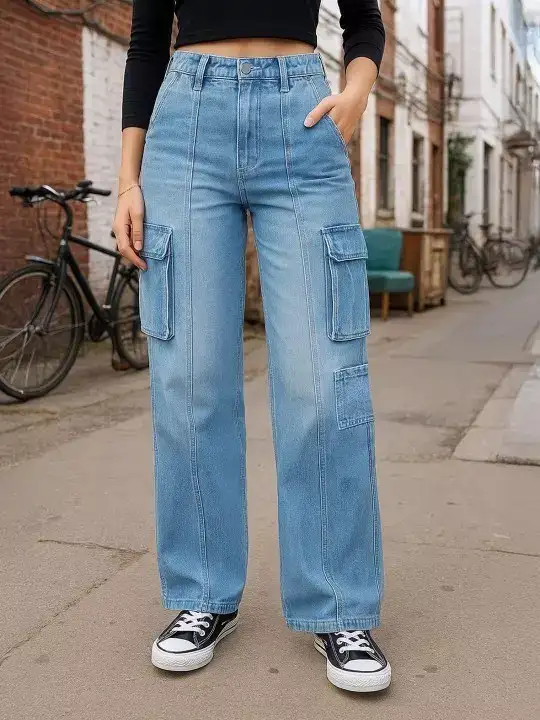 Image for Bewakoof-WomenStraightFitHigh-RiseLightFadeCottonCargoJeans