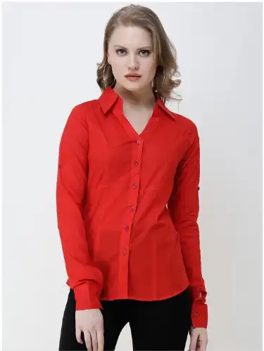 Image for SCORPIUSWomenRedSolidSlimFitFormalShirt
