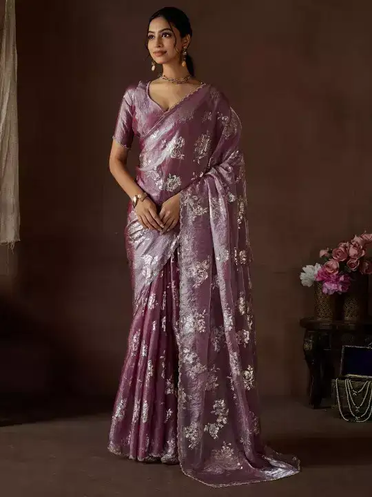 Image for SareeMall-FloralPrintedBeadsandStonesPureSilkSaree