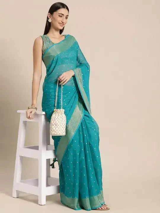 Image for Mitera-Blue%26Gold-TonedFloralZariPureChiffonSaree