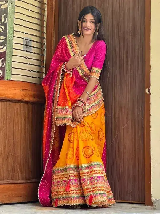 Image for Mitera-Orange%26PinkPrinted%26EmbroideredPureChiffonBandhaniSaree