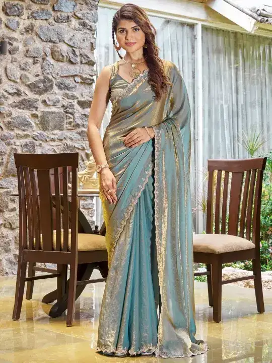 Image for Sareemall-TealbluePureChiffonSareewithMatchingBlouse