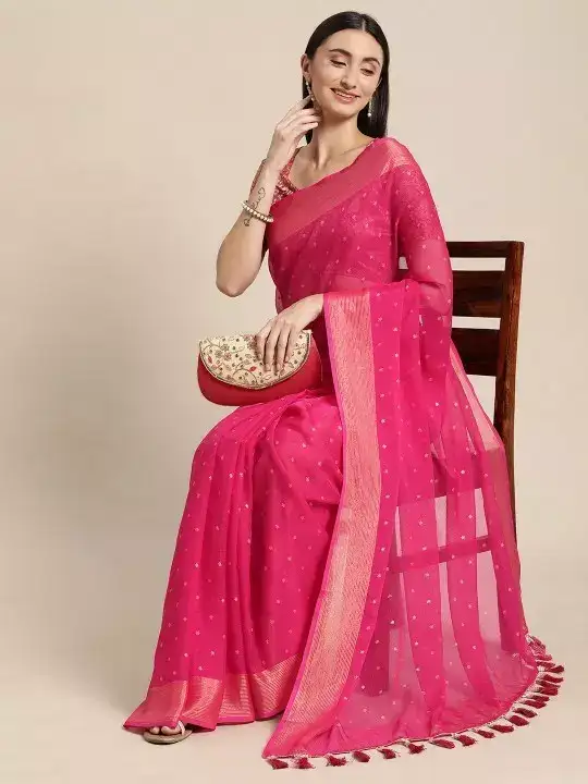 Image for Mitera-Pink%26Gold-TonedFloralZariPureChiffonSaree