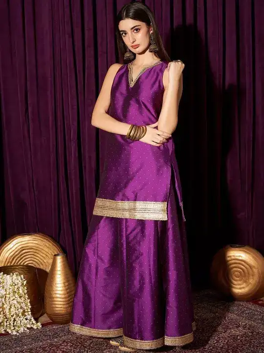 Image for Indostreet-V-NeckSleevelessBeadsandStonesKurtawithSharara