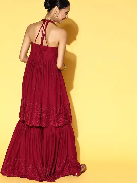 Image for InWeave-MaroonFloralAngrakhaThreadWorkBacklessKurtiWithSharara