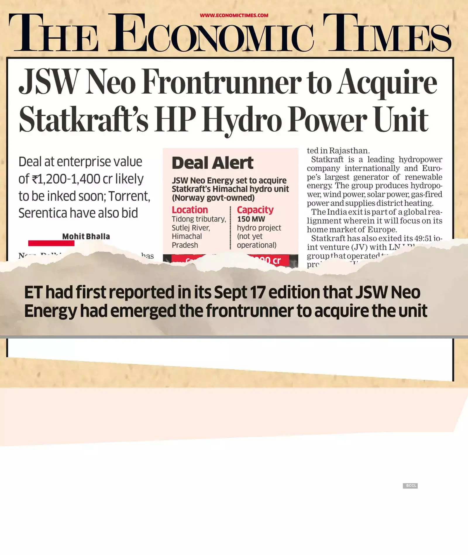 JSW Neo Buys Statkraft Hydro Power Unit in Himachal for ₹ 1,727 cr