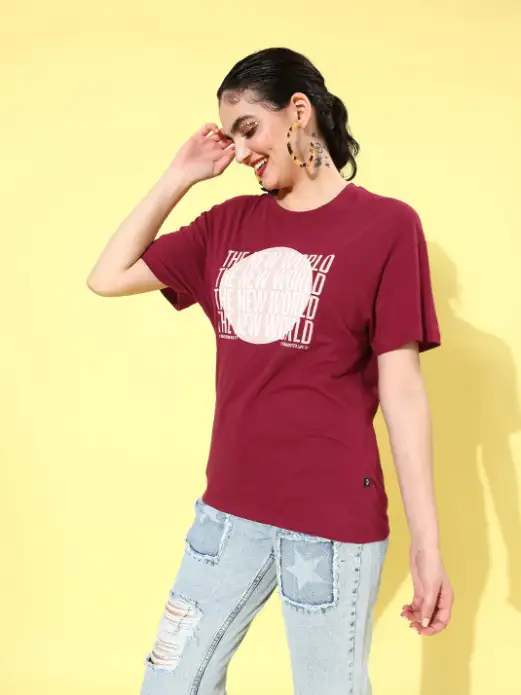 Image for RoadsterTheLifestyleCo.WomenTypographyPrintedBoxyT-shirt