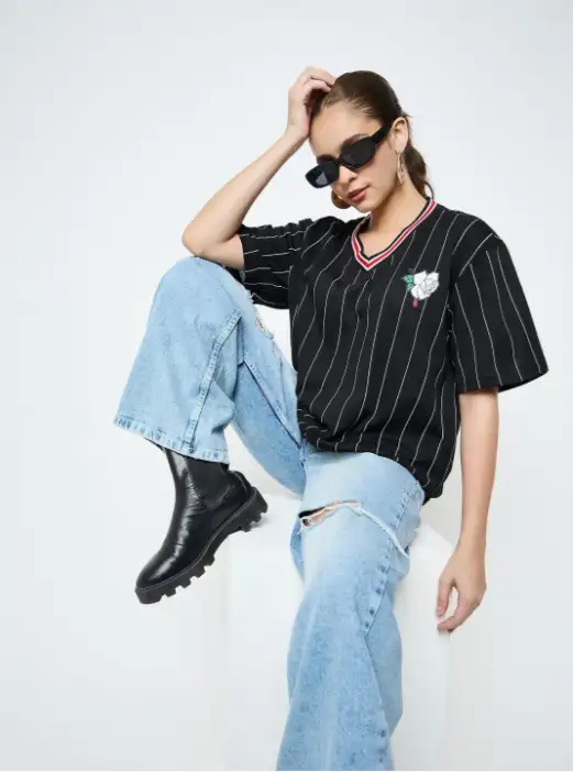 Image for SkidlersWomenTypographyStripedPureCottonOversizedT-shirt