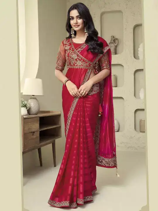 Image for Mitera-Pink%26Gold-TonedPolyGeorgetteSareewithJacket