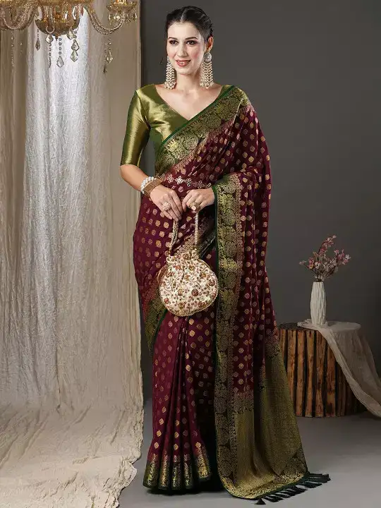 Image for Anouk-Burgundy%26GreenEthnicPureGeorgetteKanjeevaramSaree