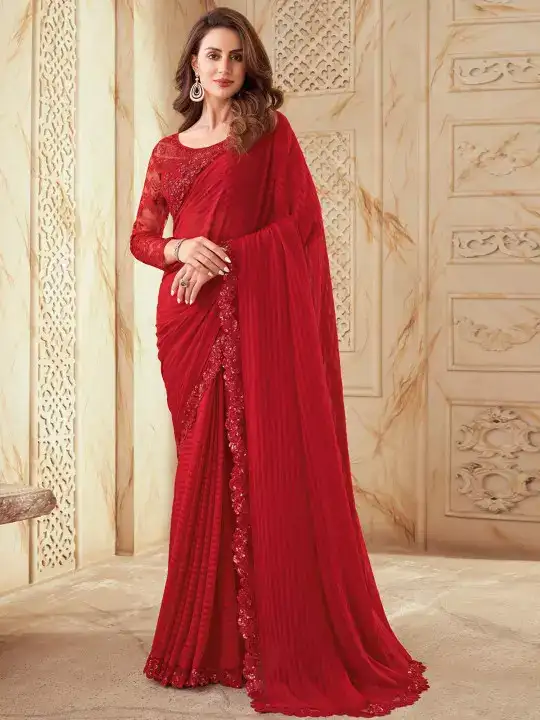Image for Mitera-RedStripedEmbroideredSaree
