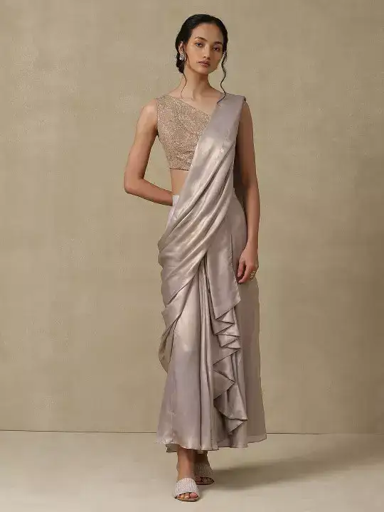 Image for AarkeRituKumar-SolidReadytoWearSareewithEmbroideredBlouse