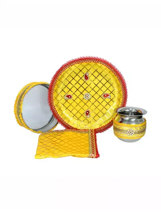 Image for TIEDRIBBONS-Red%26YellowKarwaChauthPoojaThaliSet