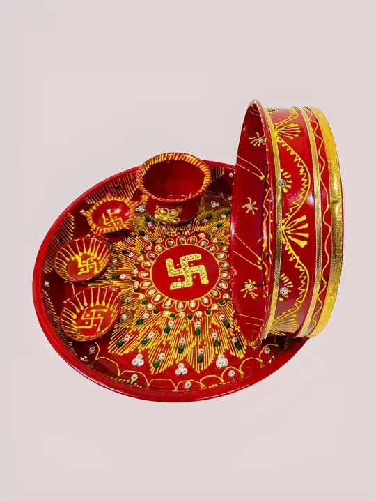 Image for BAISA-KarwaChauth6PcsRed%26YellowTexturedMetalPoojaThaliSet